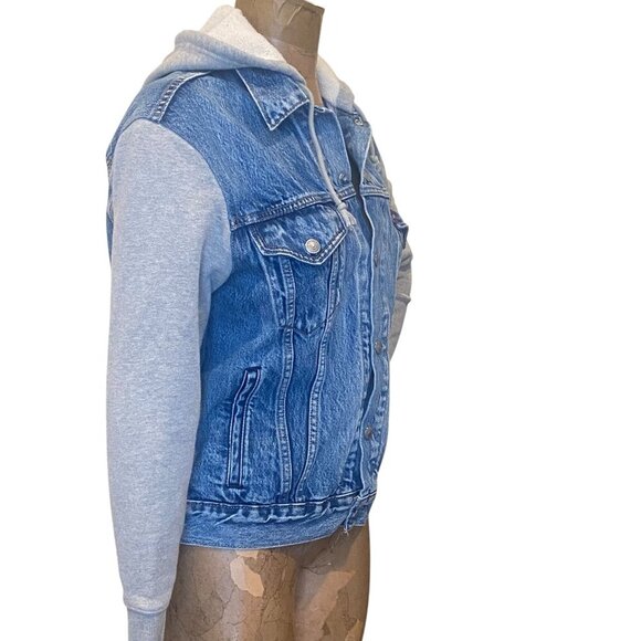 Levi's Hybrid Trucker Jean Jacket Hoodie Combo Gray Blue S #274F - Picture 4 of 13